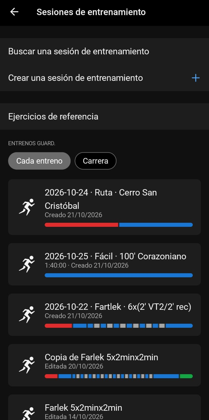 Lista de sesiones de entrenamiento en la app de Garmin: tres creadas por Helm y debajo una 'Copia de Farlek' editada a mano