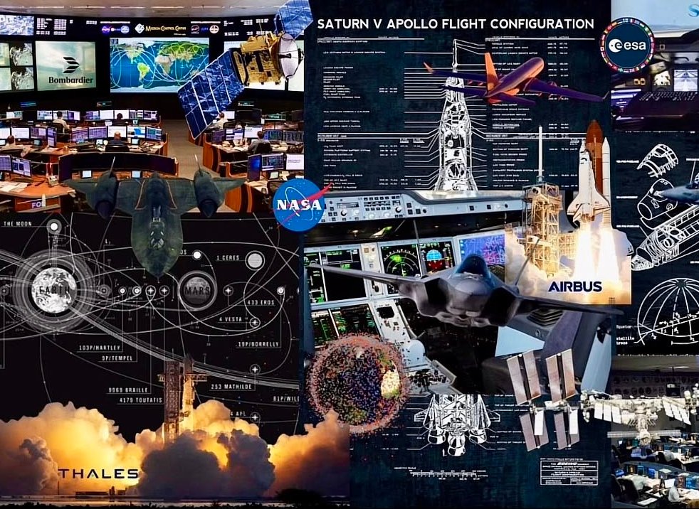 Collage de afiches de misiones espaciales y aviación